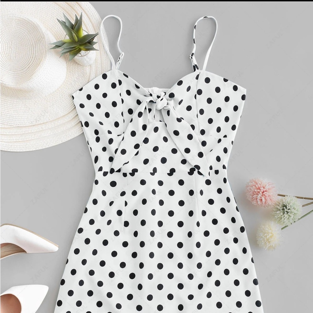 Zaful White Black Polka Dot Tie Front Cami Mini Dress Slit S